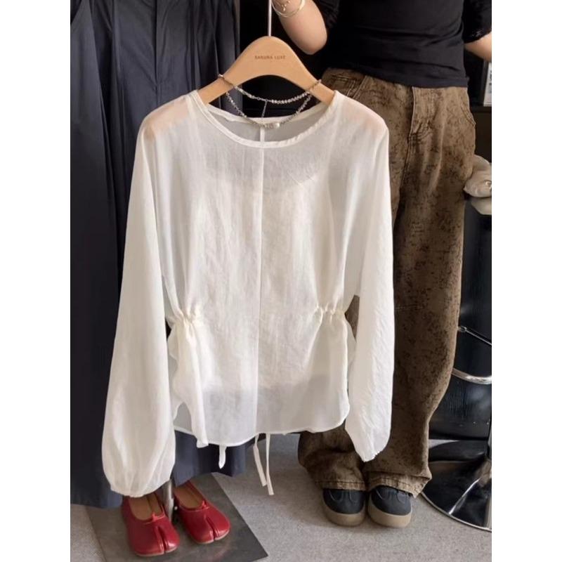 Damen Rundhals Tunnelzug Taille Durchsichtig Langarm Sonnenschutz Bluse