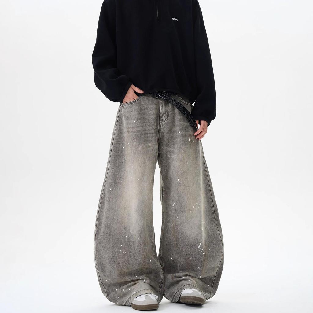 Unisex Retro Distressed Grey Splatter Paint Jeans - American Street Style