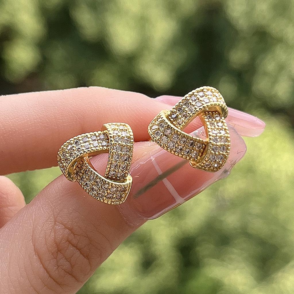 3D Intertwined Triangle Full Paved Cubic Zirconia Stud Earrings Vintage Geometric Commuter Women Ear Jewelry