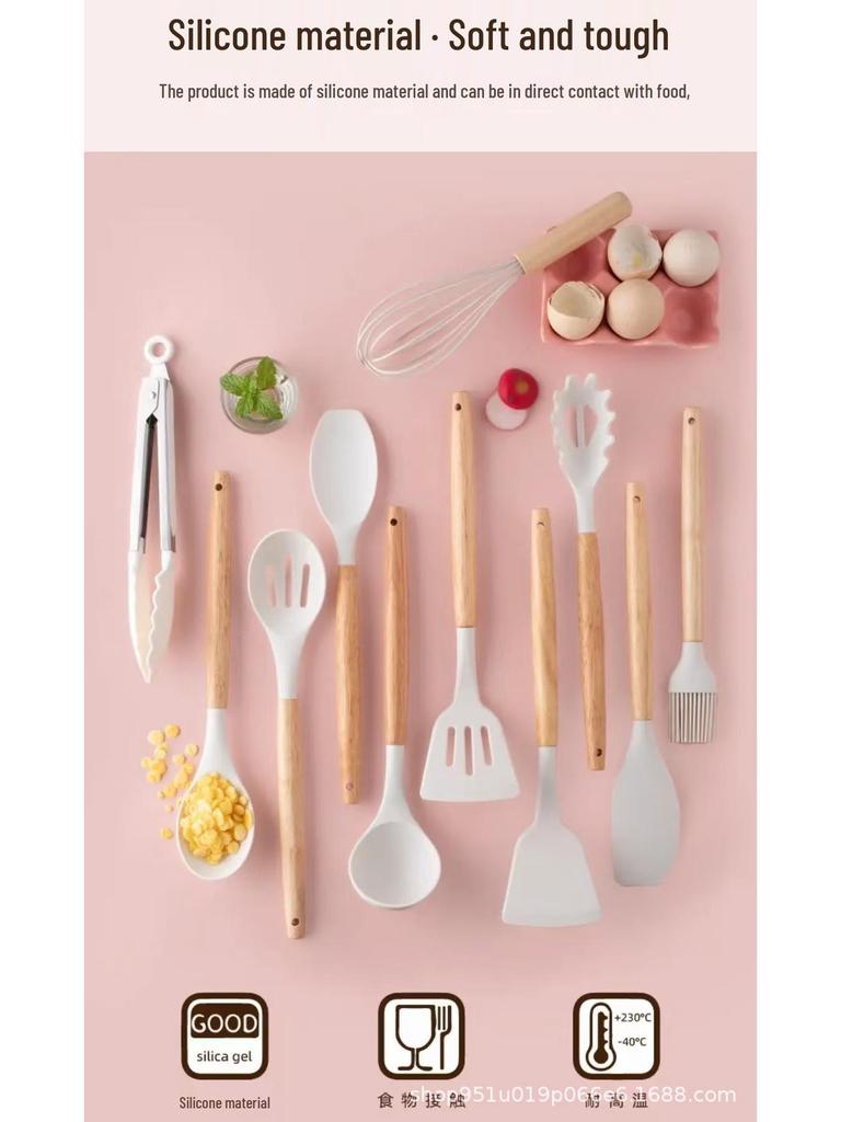 19-Piece Non-Stick Kitchenware Set: Silicone Spatula & Spoon with Wooden Handles + Knife Set In Stock