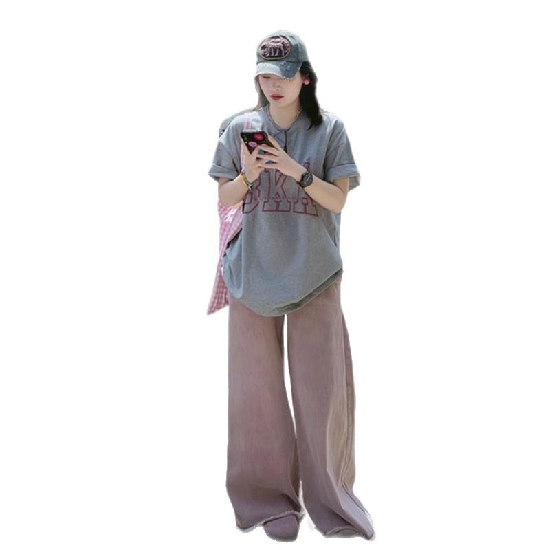Light Gray Front Shoulder Short-sleeved T-shirt Women's Pure Cotton Large Size Loose Oversize Round Neck Half-sleeved Top Trendy Ins