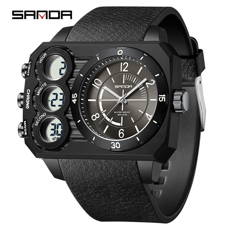 Sanda Dual Display Waterproof Sports Watch for Students with Large Dial