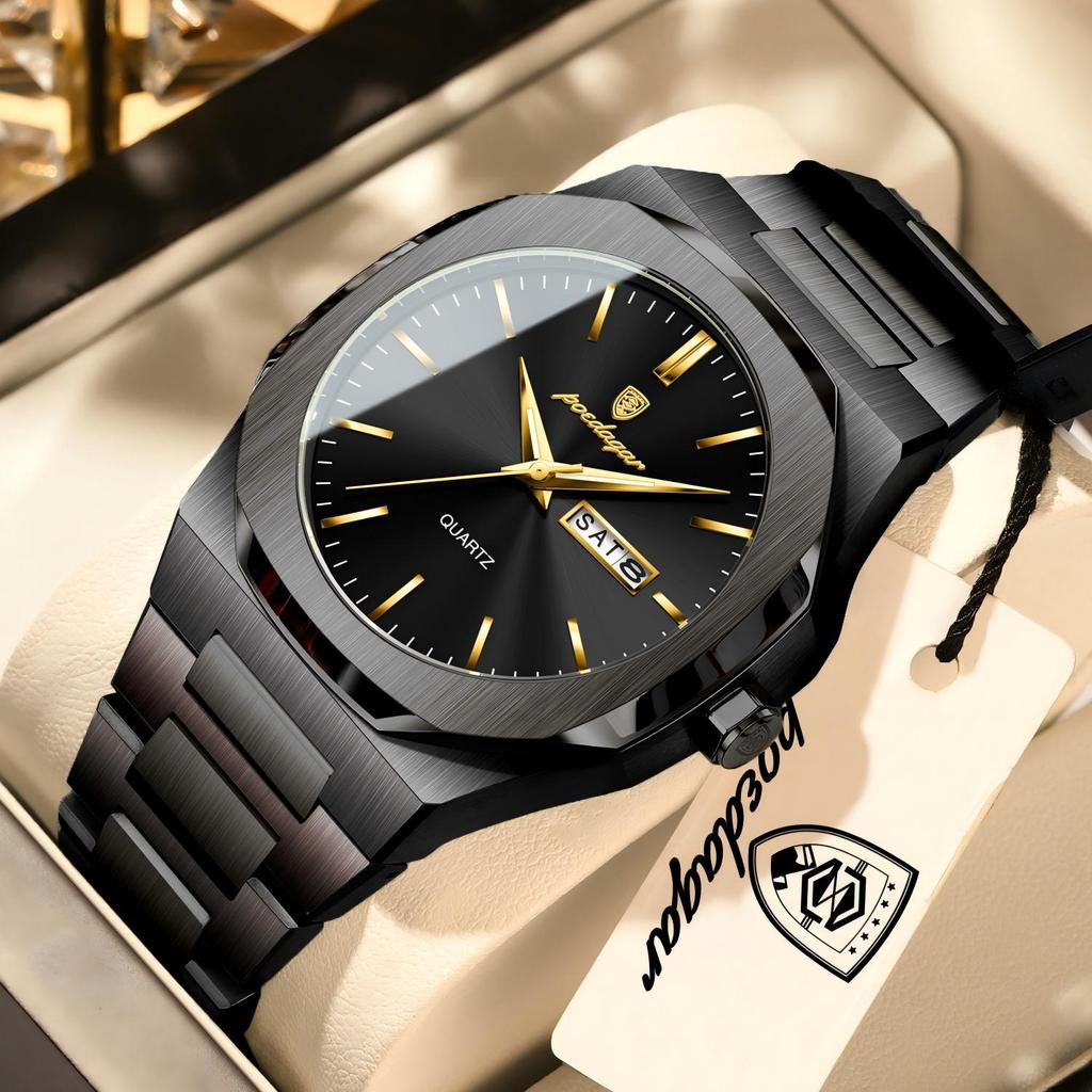 POEDAGAR Fashion Luxury Men Wristwatch Waterproof Luminous Stainless Steel Watches For Man Date Week Quartz Business Men's Clock