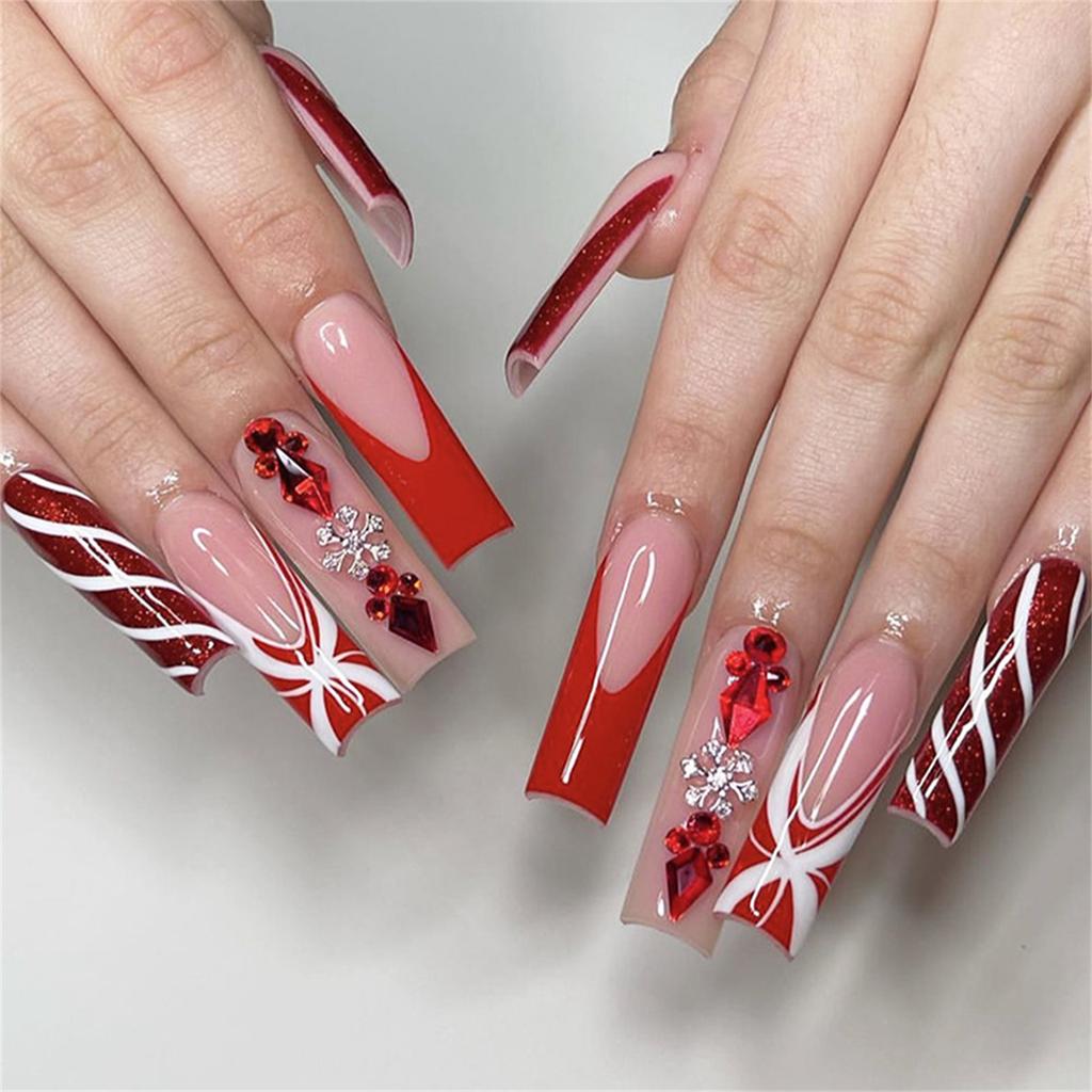 24pcs Christmas Press on Nail Square False Nail Long Acrylic Nail French Tip Winter Artificial Nail for Hliday Parties