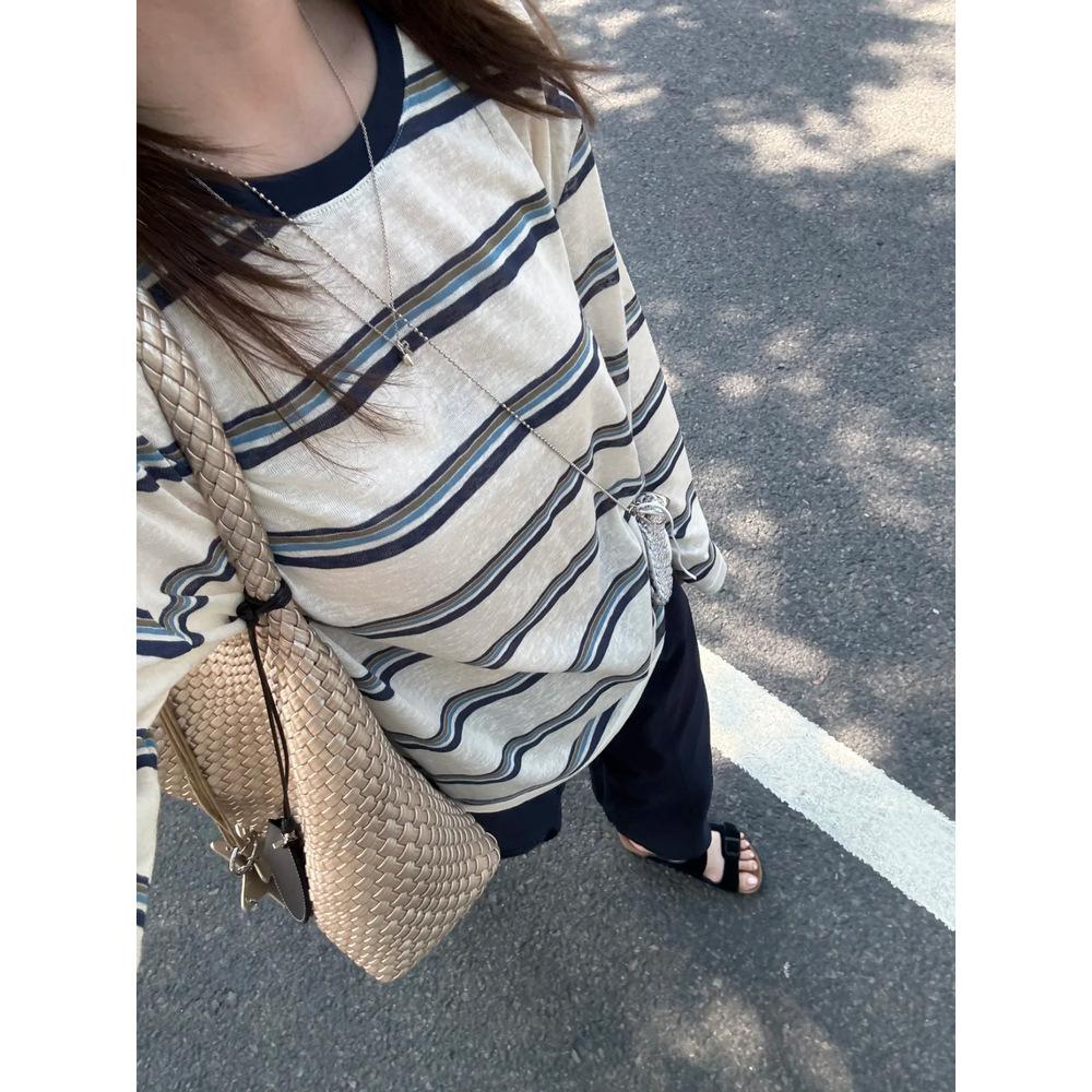 Retro crew neck contrasting color long-sleeved striped t-shirt women's spring and autumn thin loose lazy versatile summer sunscreen blouse