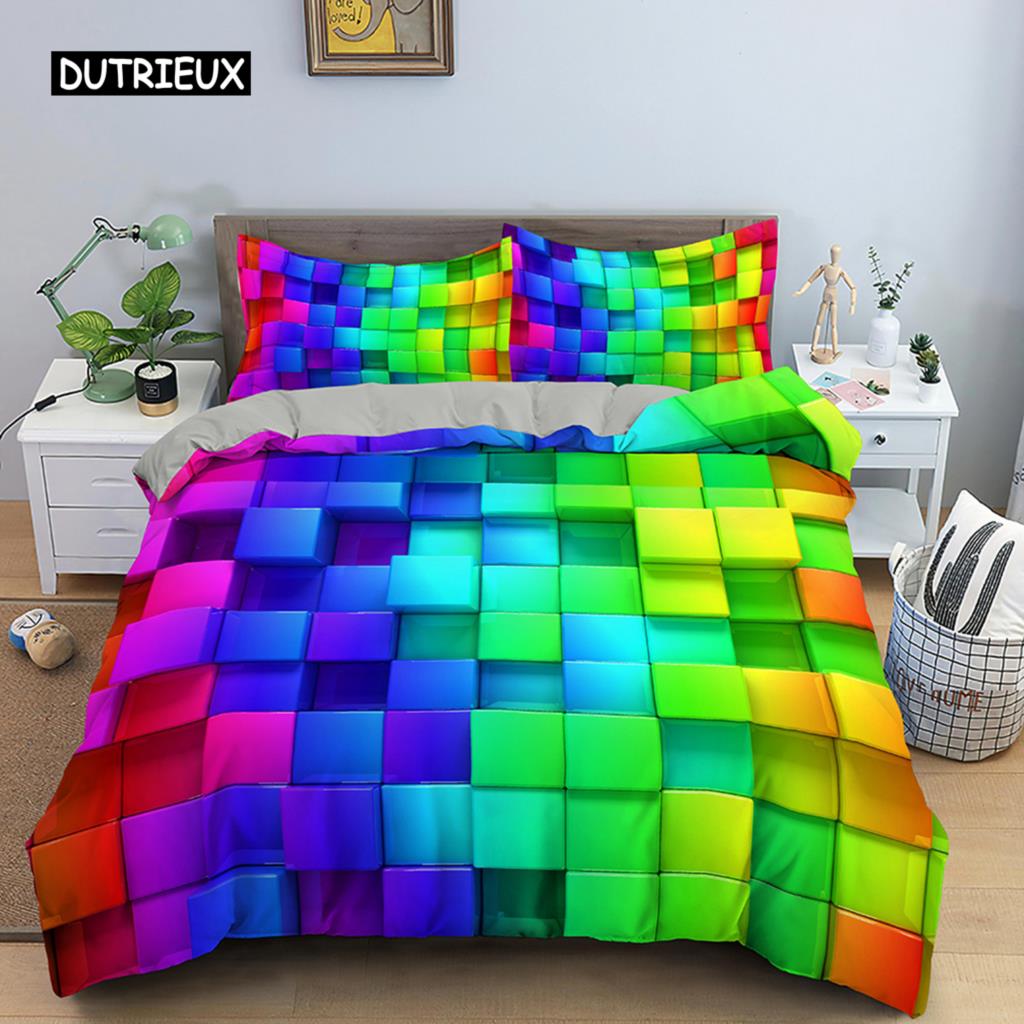 Geometric Printed Bedding Set Microfiber Colorful Lines Duvet Cover with Zipper Closure Queen King Size Quilt Cover Home Textile