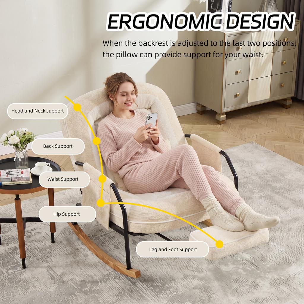 Oversized Rocking Chair with Foot Rest, Side Pocket, Cushion, Adjustable Backrest, Metal Wooden Frame, Indoor/Outdoor Living Room, Faux Fur, Beige