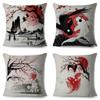 Japanese Style Ink Cushion Cover for Sofa Home Car Decor Beautiful Scenery Cat Girl Pillowcase Polyester Pillow Case 45x45cm