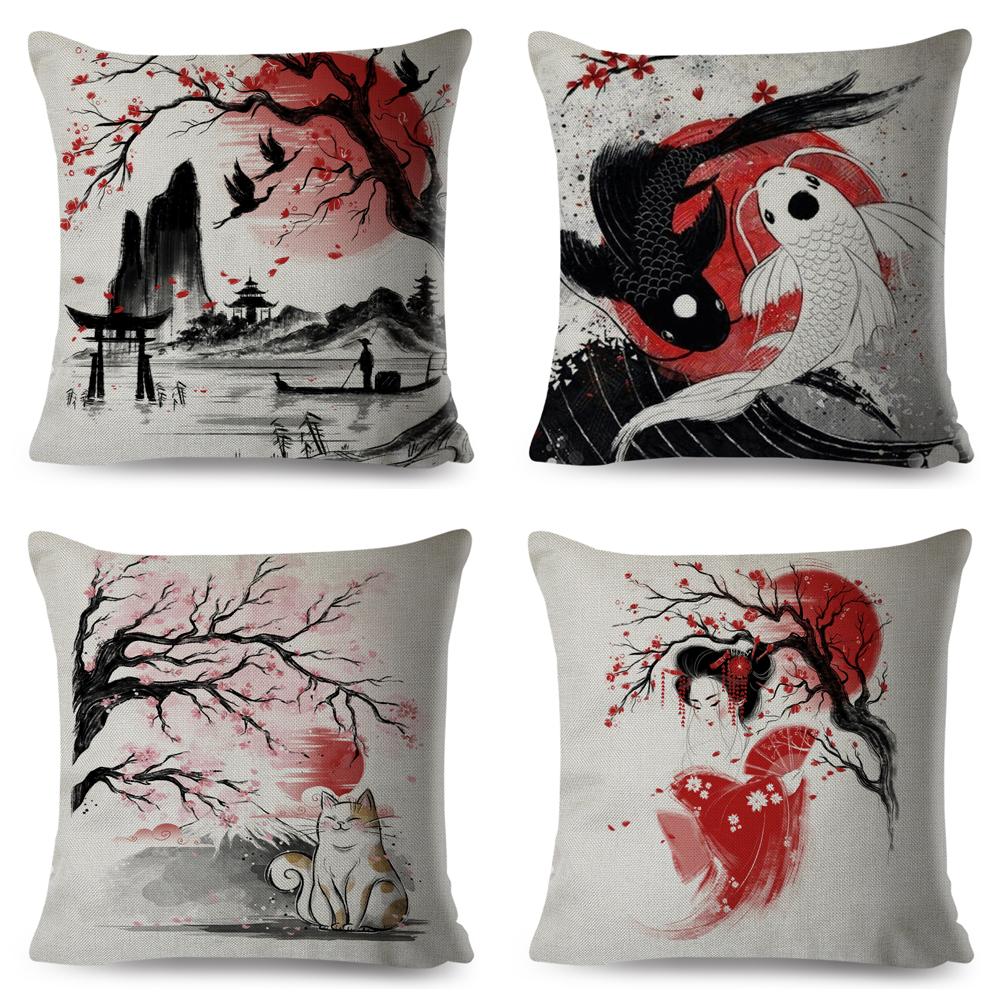 Japanese Style Ink Cushion Cover for Sofa Home Car Decor Beautiful Scenery Cat Girl Pillowcase Polyester Pillow Case 45x45cm