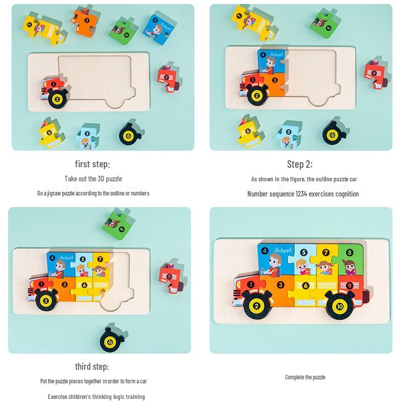 3D Wooden Buckle Puzzle: Educational Toy for Early Learning - Numbers, Transportation, and Animal Blocks