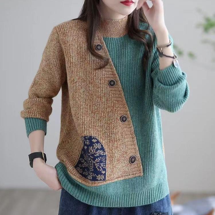 

Осень/Зима Винтаж Женский свитер с круглым вырезом Свободный Большой размер Сшитый Контрастный трикотаж Пуловер Длинный рукав Эластичный трикотажный топ Верхняя одежда Джемпер S жёлтый