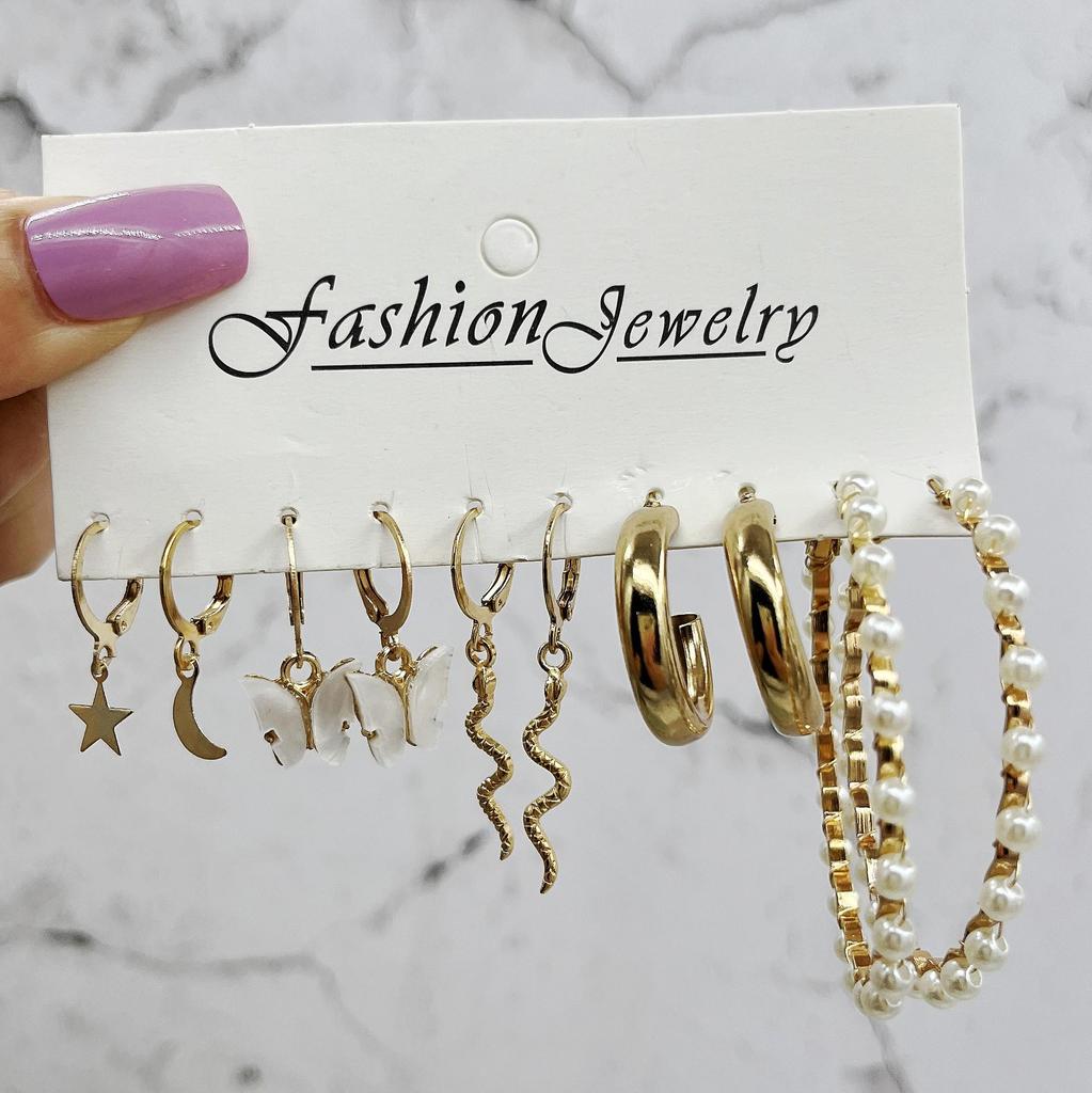 French Retro Pearl Circle Stud Earring Set - 6 Pieces for Women