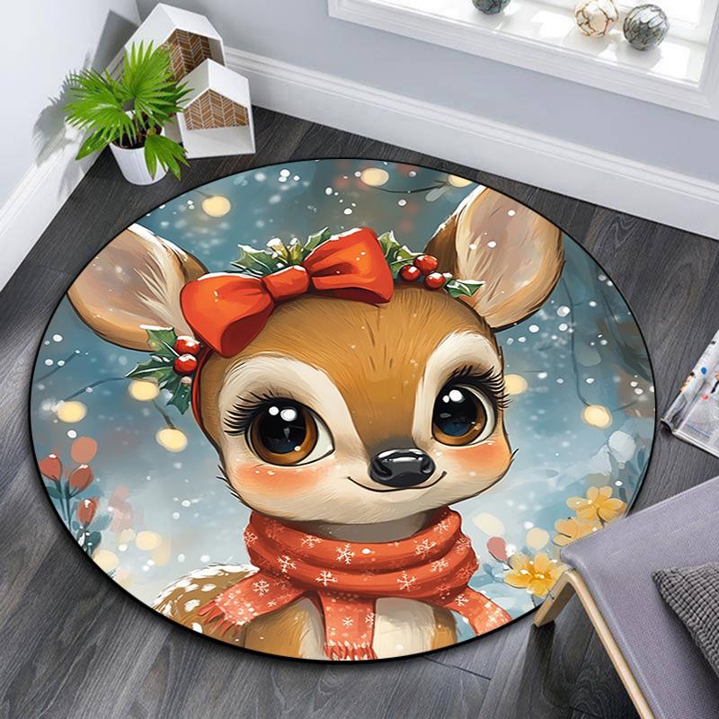Cute Deer Round Area Rug,Carpet Rug for Living Room Bedroom Sofa Playroom Decor,Non-slip Floor Mat