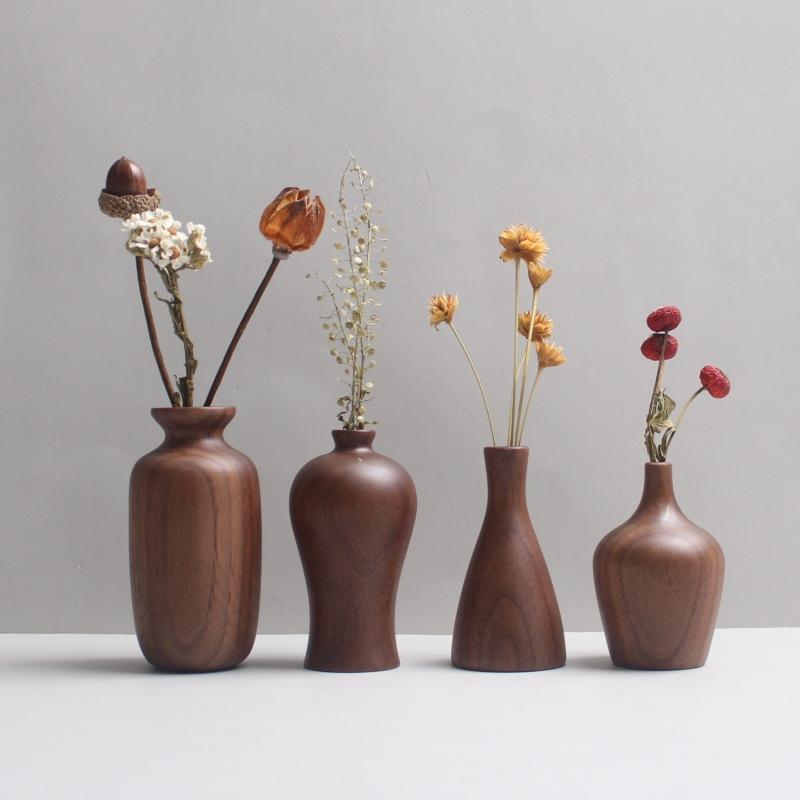 1pcs Solid Wood Vase Black Walnut Small Ornaments Wooden Crafts Home Decoration New Flower Arrangement Device