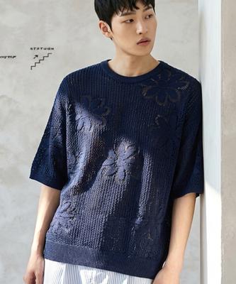 A MADE Viscose Flower Oversized Eyelet Knit (Navy)