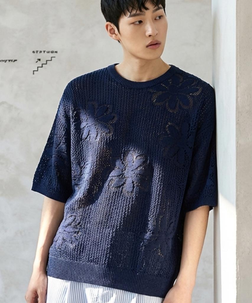 A MADE Viscose Flower Oversized Eyelet Knit (Navy)