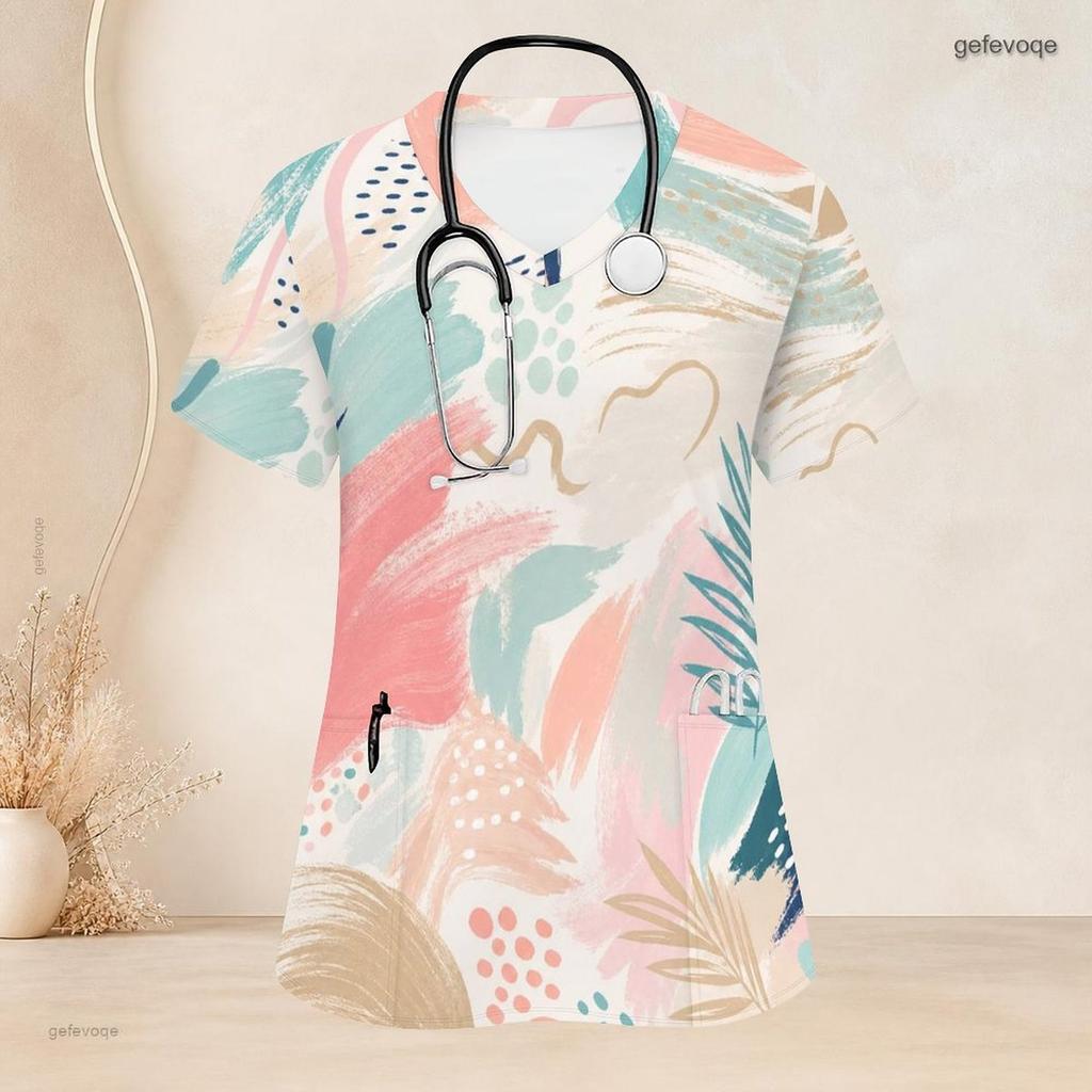 Women Plus Size Geometric Printed Nurse Scrub Top V Neck Short Sleeve With Front Pockets
