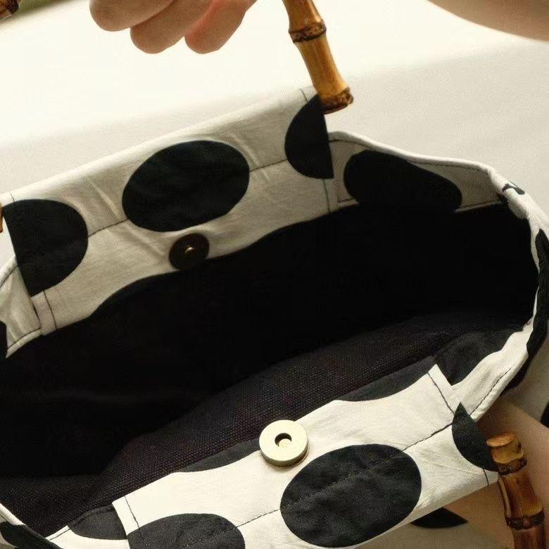 Black & Beige Polka Dot Retro Bamboo Handbag with Double Layers