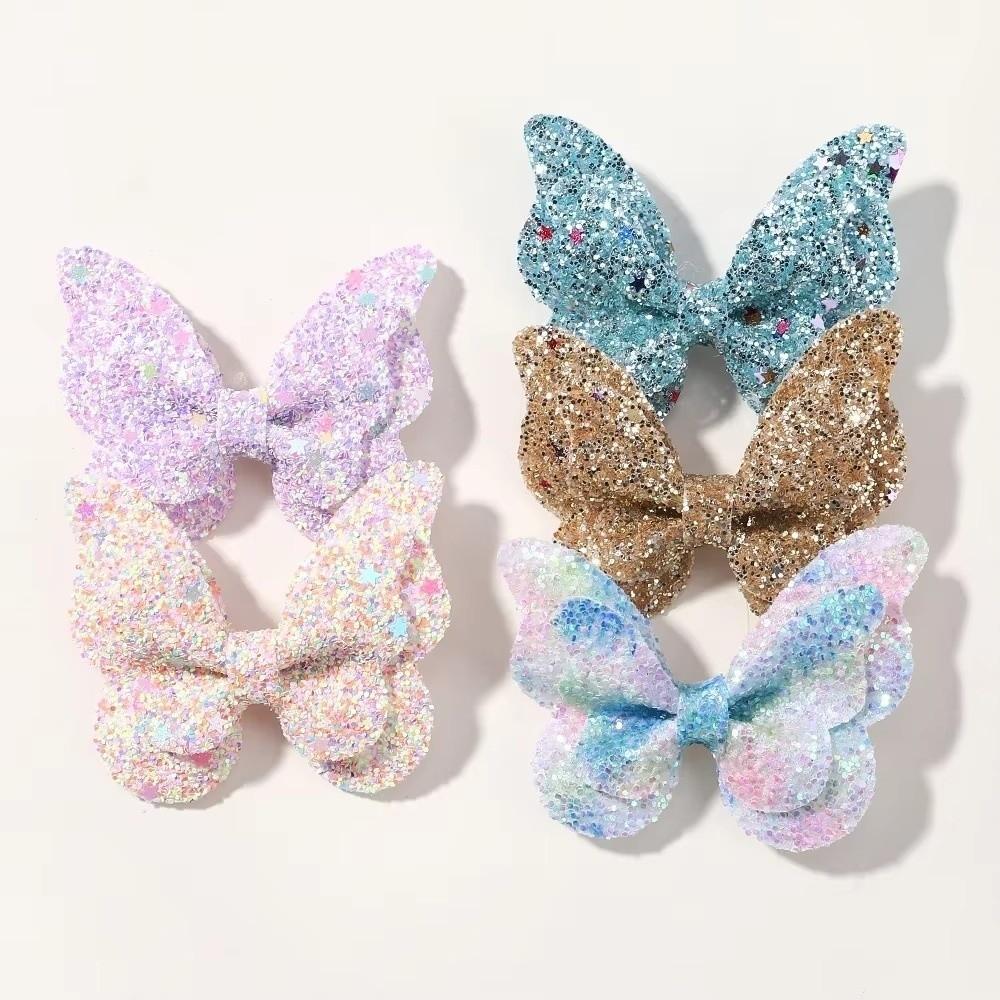 4Pcs Double Butterfly Design Glitter Hair Clip Colorful Glitter Ribbons Sequins Hair Clip Women
