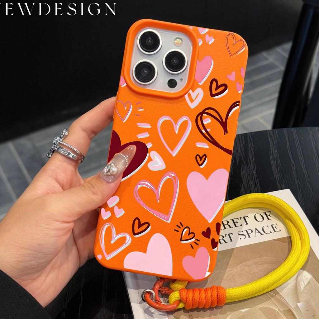 Fashion INS Y2K Love Heart Phone Chain Lanyard Case For iPhone 17 16 15 14 13 12 Pro Max 11 Plus Shockproof Lichee Pattern Funda