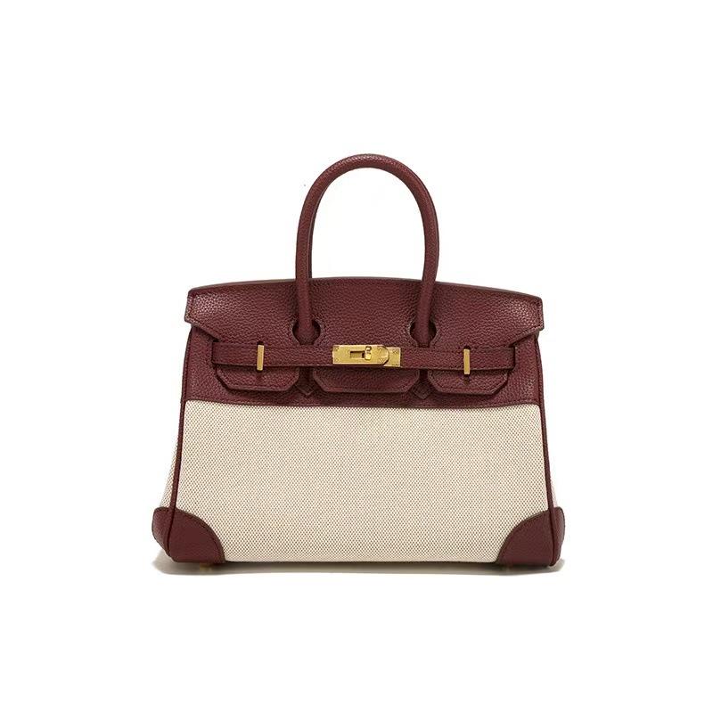 Classic Fashion Lychee Pattern/canvas Splicing Contrasting Color Large Capacity Portable Shoulder Messenger Bag Bag