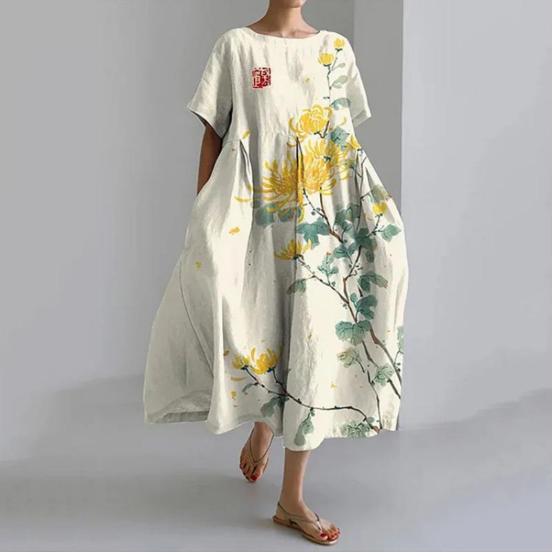 Damen Sommer Übergröße Gestreiftes Print Maxikleid, Lässiges Lockeres Rundhals Kurzarm Oversized A-Linien-Kleid