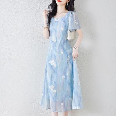 Rochie Florală Brodată Albastru Franțuzesc Femei Vară Vintage Cordon în Talie Rochie Florală