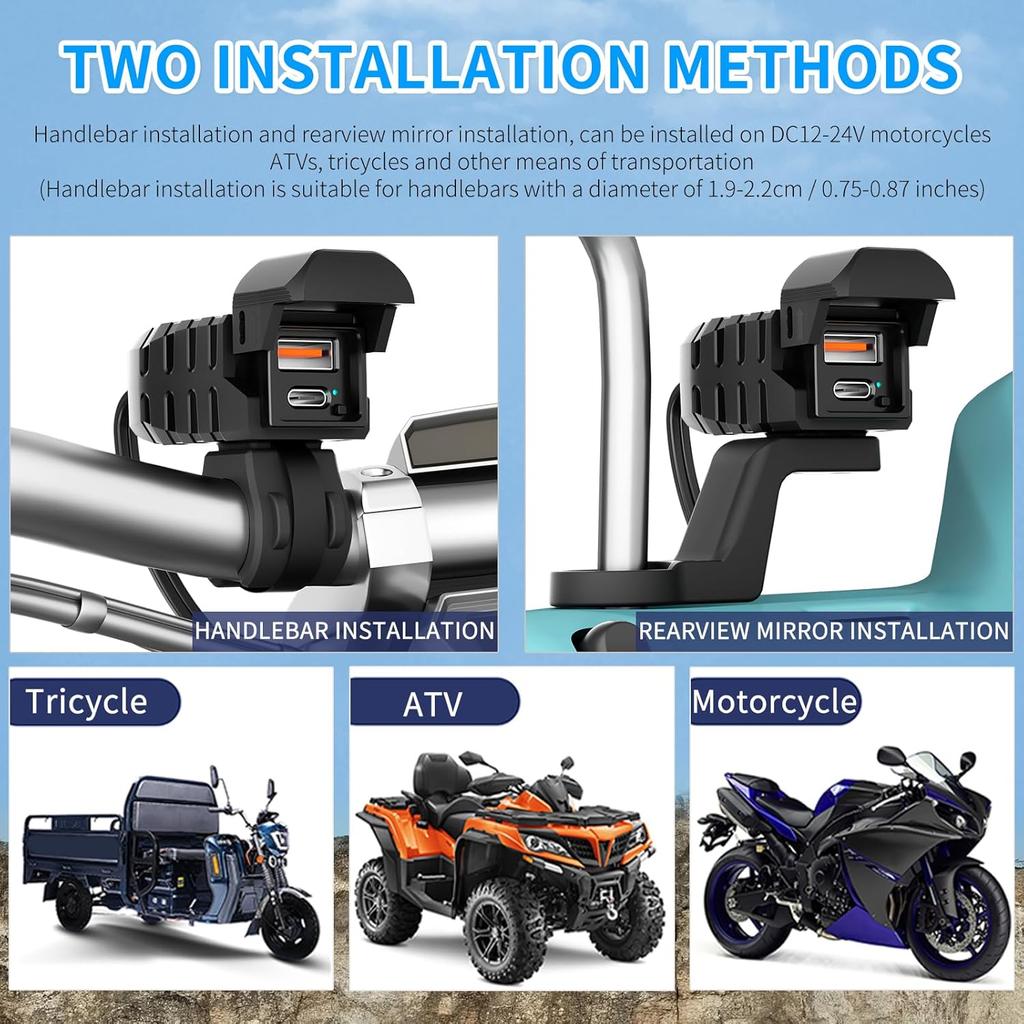 Motorcycle USB Charger, Dual USB Type C 30W PD & QC 3.0 Motorcycle Phone Charger With Voltmeter & ON/Off Switch, Waterproof ATV/Motorcycle/Dirt Bike