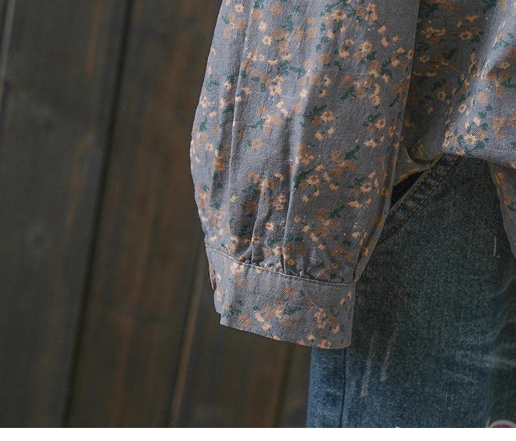 Women's Small Floral Cotton Linen Long Sleeve Shirt - Artistic Casual Spring/Autumn Outerwear