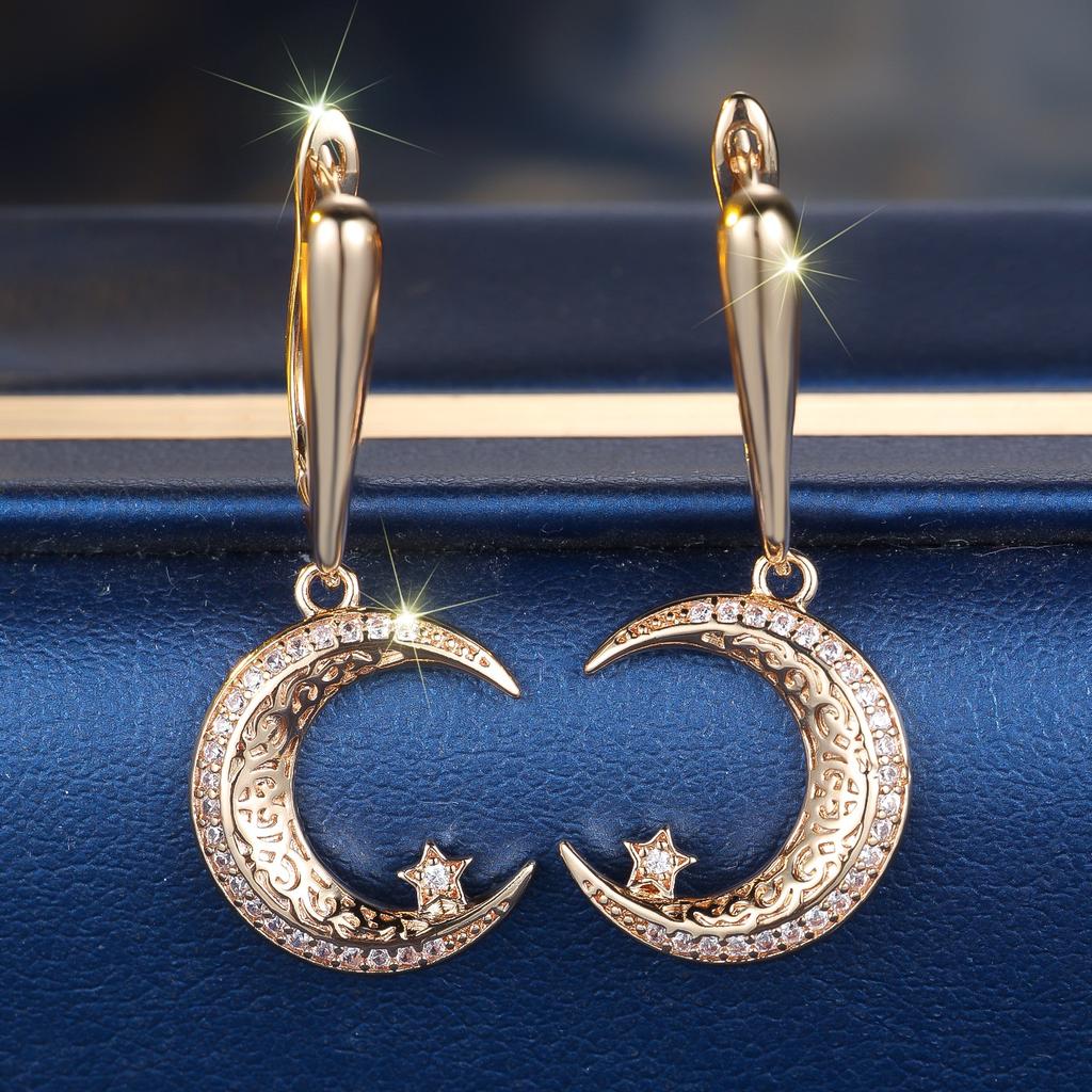 White Zircon Stone Moon Star Hoop Earrings Luxury Female Gold Color Wedding  For Women