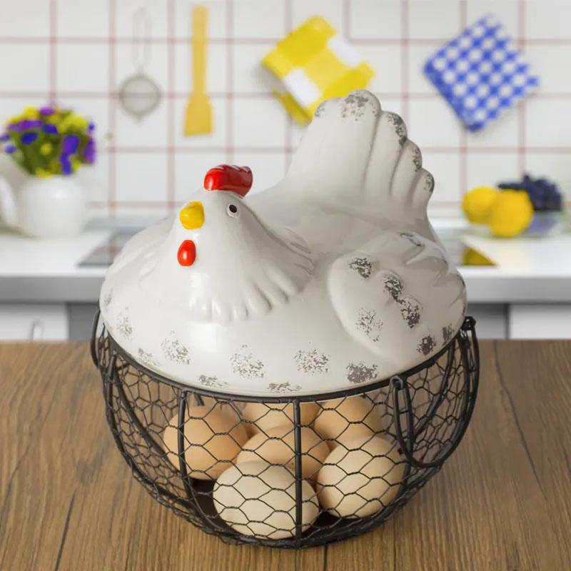Iron Ceramic Hen Ornament Egg Fruit Storage Basket Cute Chicken Wire Metal Basket Living Room Fruit Vegetable Storage Bowls Creative Kitchen Rack