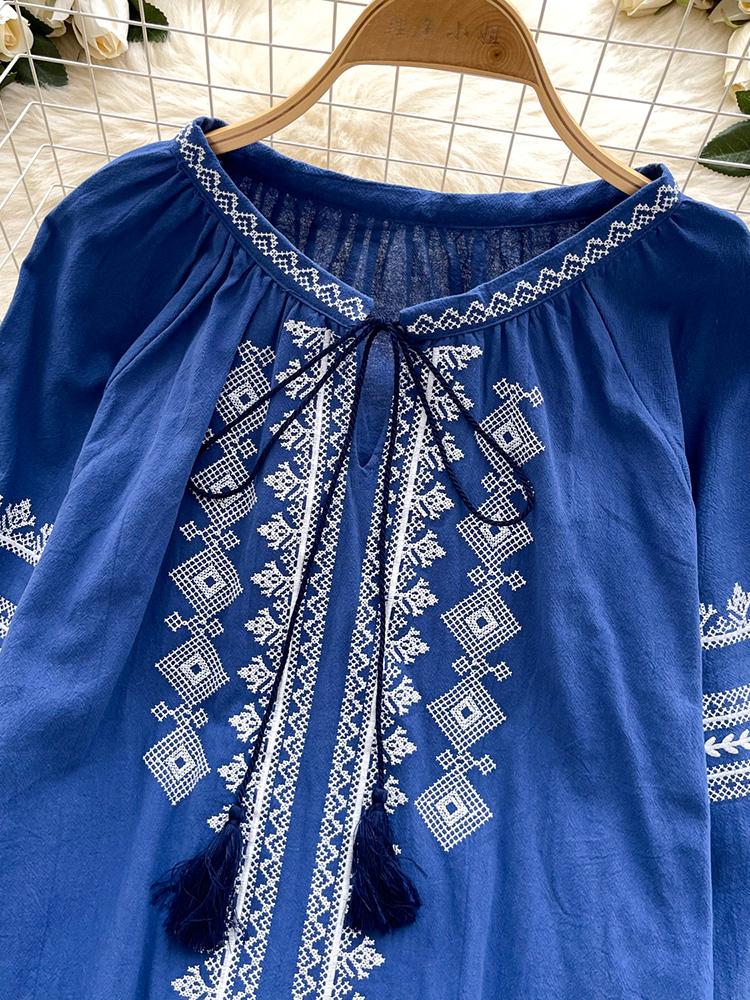 Women's Spring Autumn Shirt New Retro Bohemian Embroidered Lace Up Lantern Long Sleeves Blouse Top