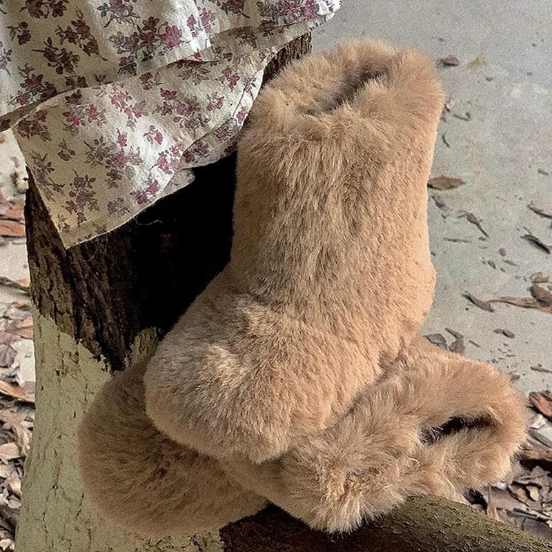 Fluffy varme plysjstøvler Baby jenter Luksus tykke pels støvletter Småbarn Barn Vintermote Rund tå Slip-on utendørs bomullssko