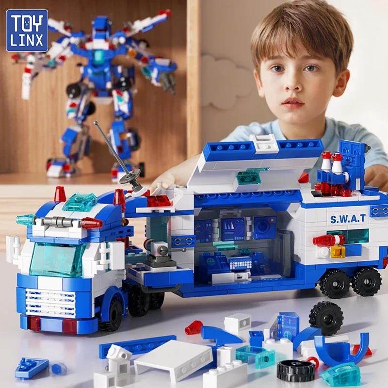 TOYLINX 679PCS Police Building Blocks 8-in-3 Transformable Toy 51 Shape Changes Robot Vehicle Aircraft Kids Construction Bricks
