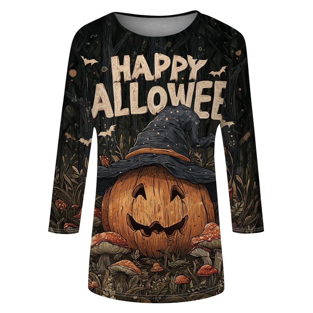 Women's Fashion Casual Round Neck Three-quarter Sleeve Halloween Printed T-shirt Top