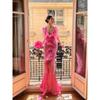 Sexy V Neck Ruffle Draped Maxi Dress Women Pink Sleeveless Flower Design Irregular Ruffles Slim Long Dress Elegant Event Prom