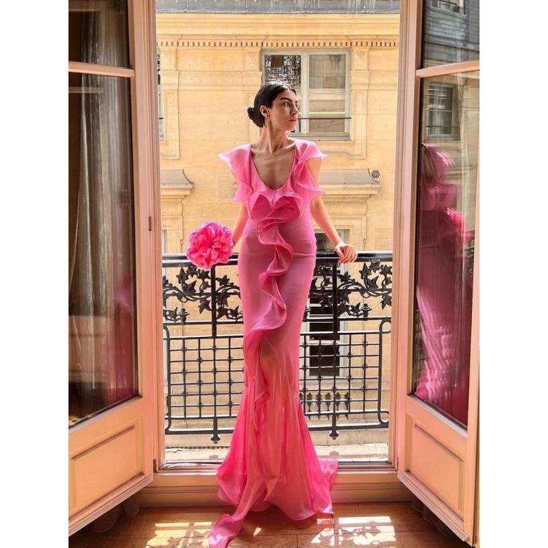 Sexy V Neck Ruffle Draped Maxi Dress Women Pink Sleeveless Flower Design Irregular Ruffles Slim Long Dress Elegant Event Prom