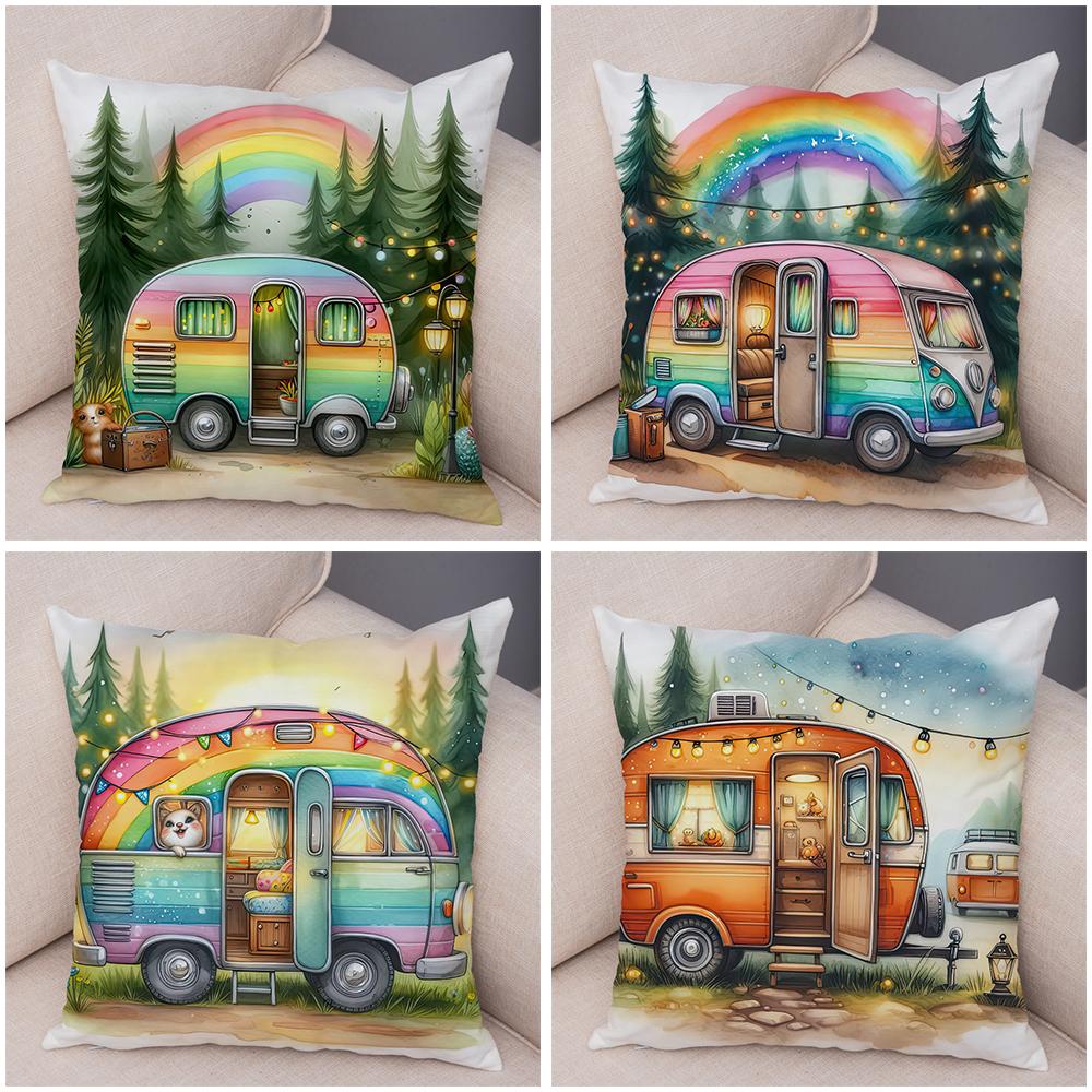 Happy Campers Pillow Case Double Print Decor Cartoon House Travel Car Cushion Cover for Sofa Home Soft Plush Pillowcase