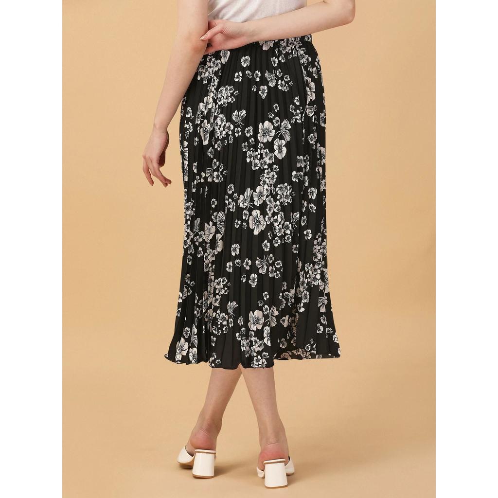 White Floral Printed Polyester Casual Skirt Women Pleated Flared Midi Skirt