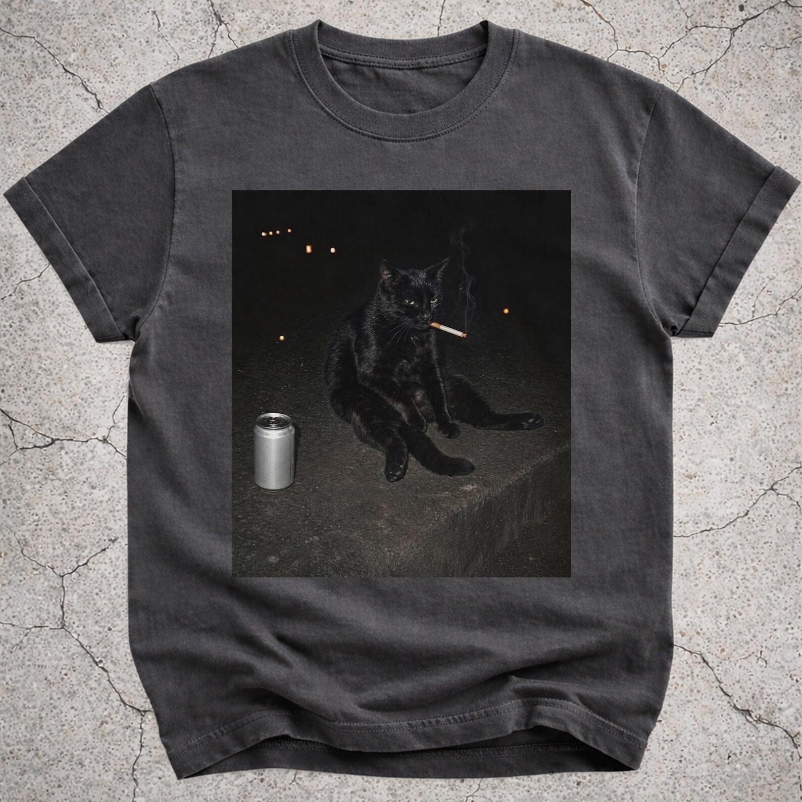 Black Cat Smoking Meme Shirt, Cigarette Cat Tee, Funny Drunk Cat Photo T-Shirt, Gen Z Brainrot Gift, Cat Lover Graphic Tee M