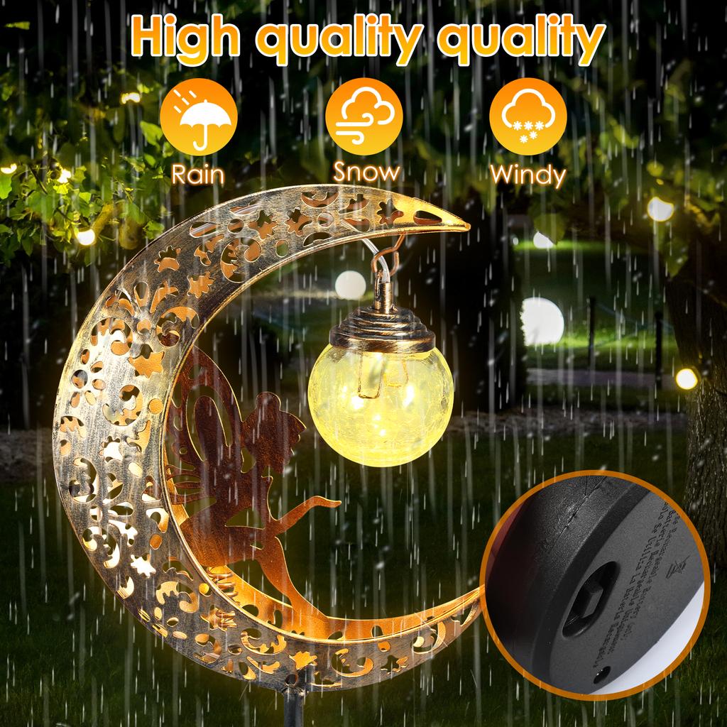 Solar Garden Lights Moon Fairy Crackle Glass Stake Lights Waterproof Warm White LED Metal Decorative Lights Outdoor Pathway