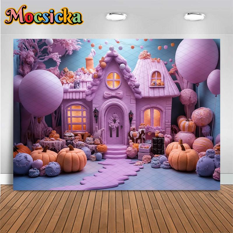 Mocsicka Halloween Photography Background House Candy Balloons Castle Decorations Holiday Festival Autumn Pumpkin Party Backdrop
