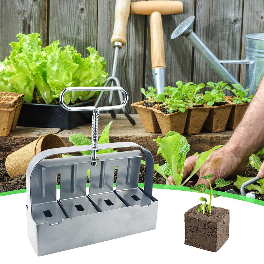 Soil Block Machine Stainless Steel Handheld Block Maker 4 Cell Manual Soil Blocking Tool with Comfortable Handle for Greenhouses