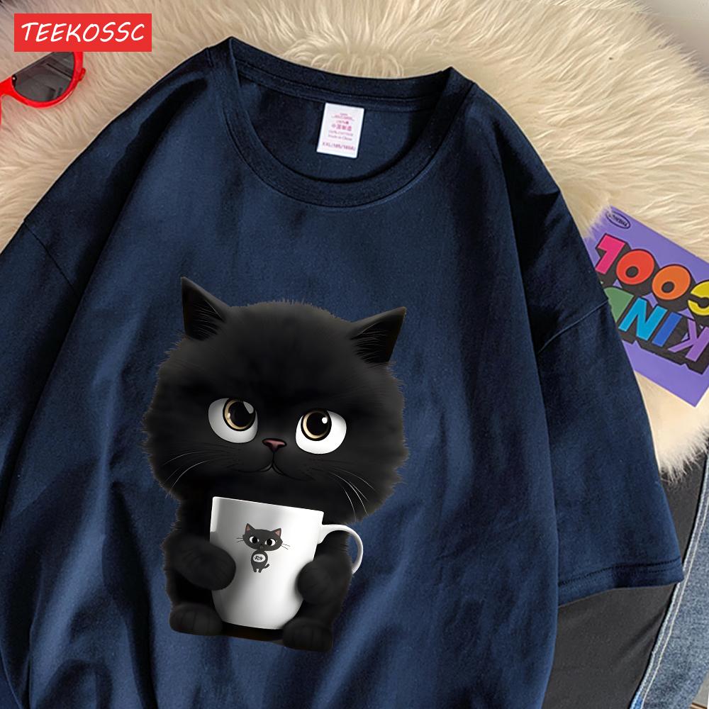

Летние хлопковые женские футболки с принтом котенка, держащего чашку, уличная одежда, дышащая, с круглым вырезом, свободная, повседневная уличная женская одежда 4XL