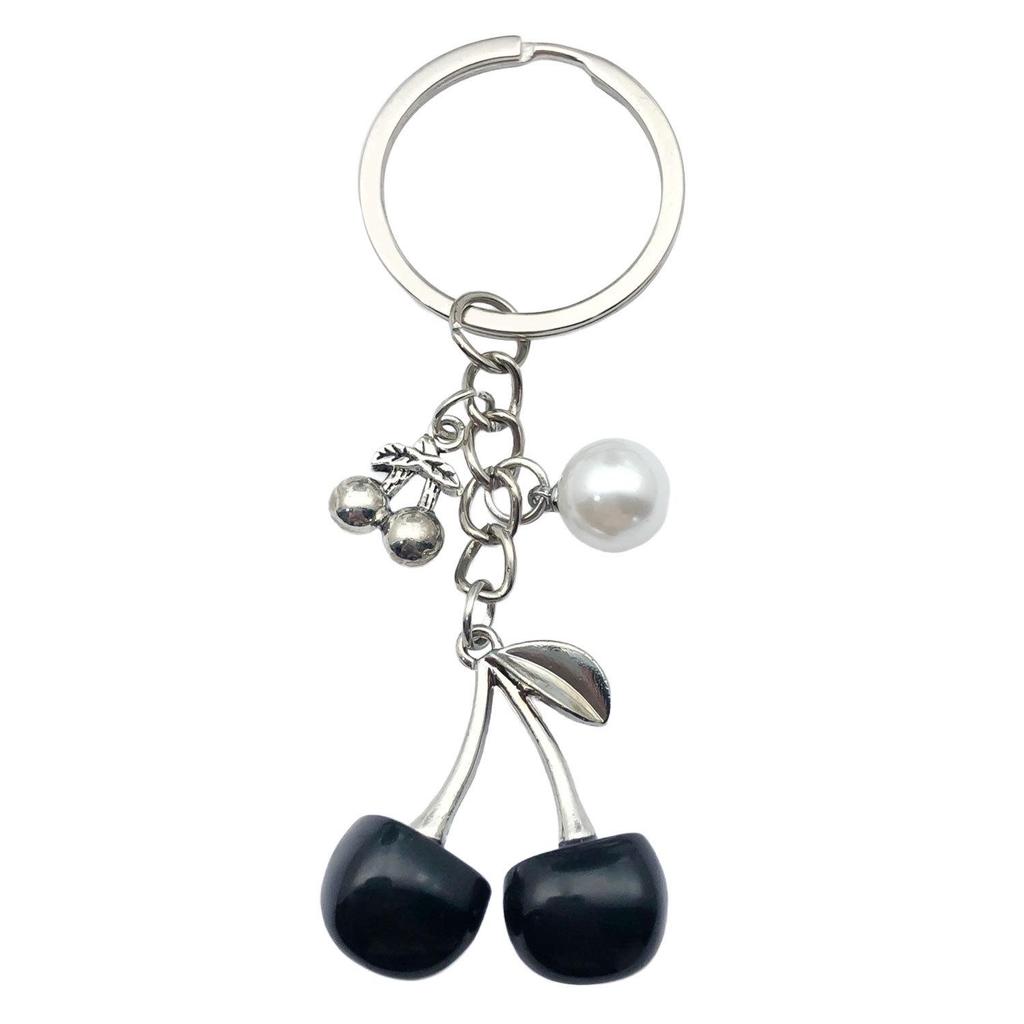 White Black Sweet Cool Cherry Pearl Pendant Keychain for Women - Versatile Student Backpack Ornament