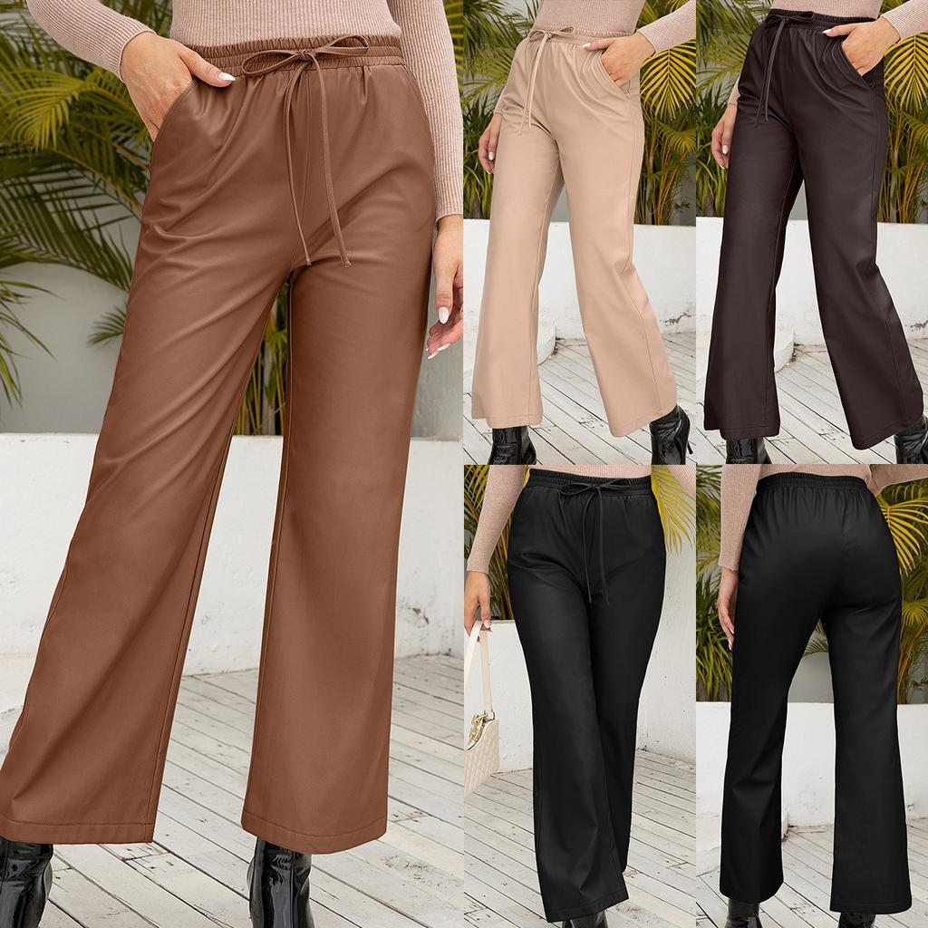 Women's High Waist Drawstring Flare Pants Loose Urban Casual Faux Leather Wide Leg Trousers