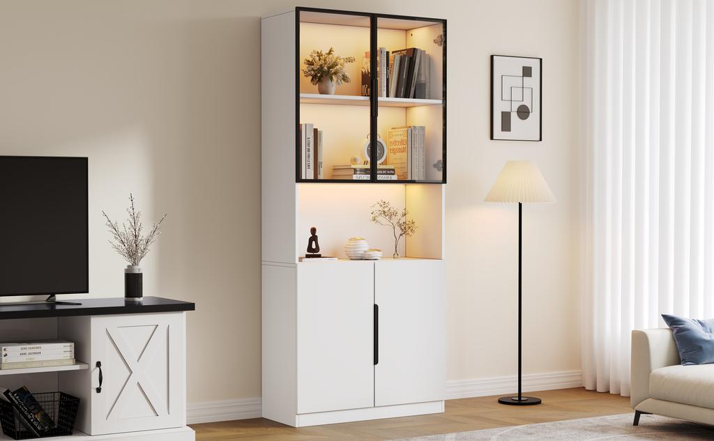 Vetrina minimalista con ante in vetro, luci LED, libreria per oggetti da collezione, temperatura colore e luminosità regolabili, bianco 80*30*200cm