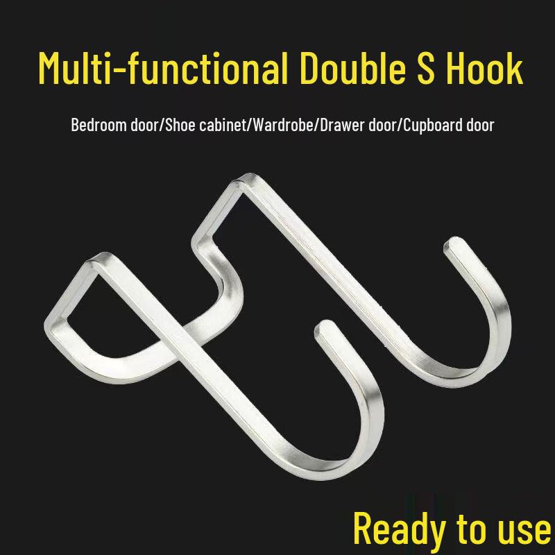 Stainless Steel Double Hook No-Punch Door Hanger for Kitchen, Bathroom & Dorm - Multi-Functional Cabinet Storage Rack