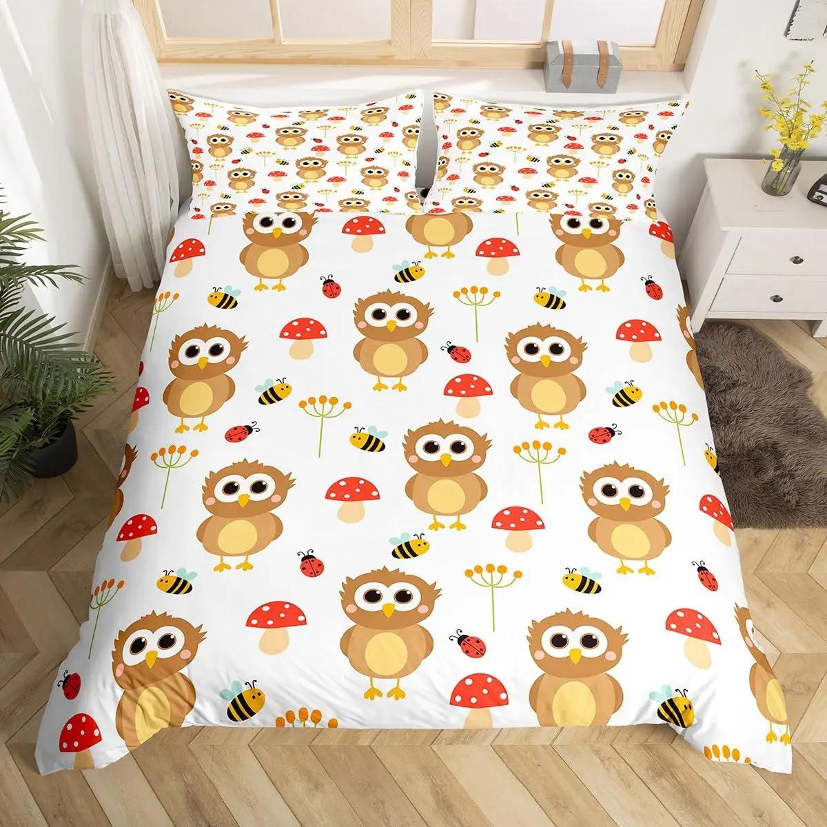 

Kids Cartoon Garden Bed Set Cute Owls Comforter Cover, Chic Tree Butterfly Duvet Cover Full Queen White Daisy Floral Bedding Set EU Single(135x200cm)