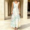 Sleeveless Maxi Dress,Women U Neck Sundress,Green Leaves Floral Watercolor Print,Loose A Line Silhouette,Summer Beach Outfit,Holiday Flowy Long Gown